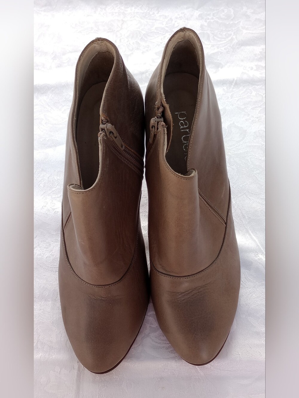 Paruolo- Made In Argentina- Taupe Leather Pointed Ankle Booties with Red Sole